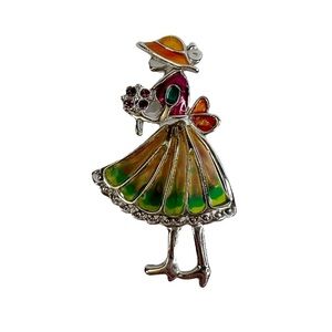 Silver Tone & Enamel Stained Glass Garden Party Lady Brooch Pin